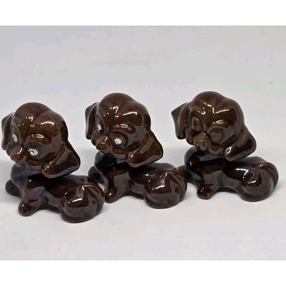 Brown Three DOG Redware Figures Ceramic Japan Vtg Puppy Set 2" Each